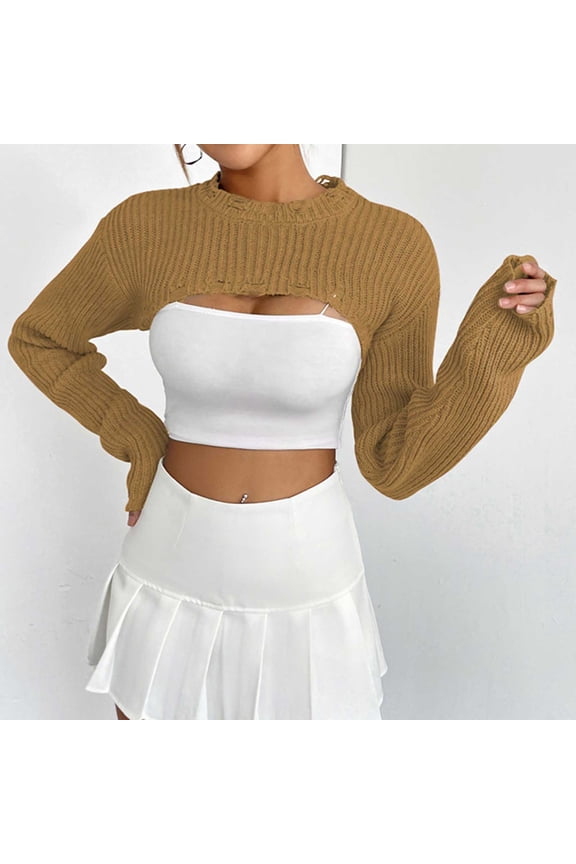 Sweaters for Women Plus Size Long Sleeve Pullover Knit Cowl Sweater Ultra Short Outer Sexy Half Top Brown S