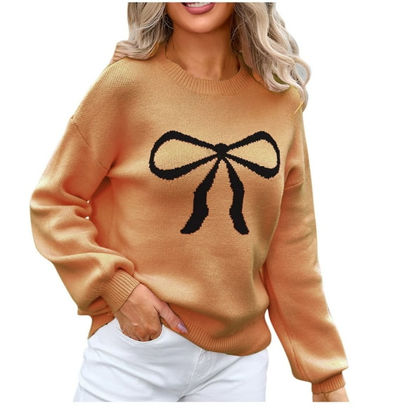 Sweaters for Women Plus Size Long Sleeve Round-Neck Bow Tie Knitted Sweater