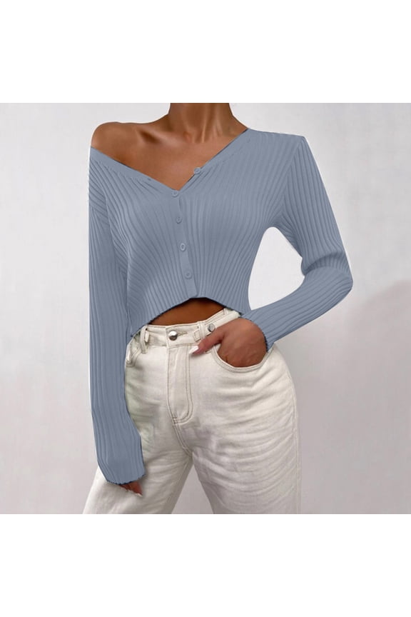 Sweaters for Women Plus Size Long Sleeve V-Neck Loose Solid Color Pullover Sweater Coat Light Blue S