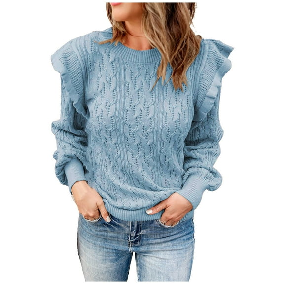 Sweaters for Women Pullover Long Sleeve Crew Neck Puff Sleeve Casual Solid Color Tunic Tops