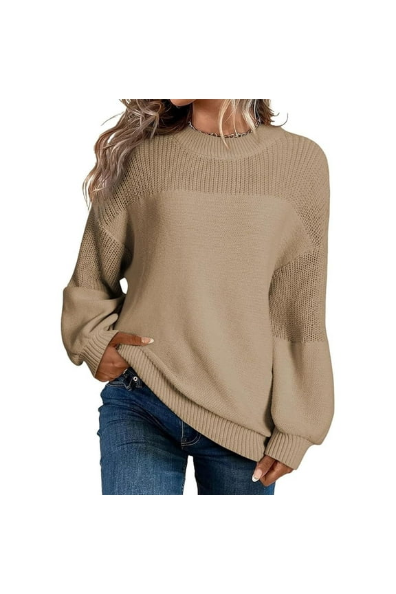 Sweaters for Women Pullover Solid Round Neck Sweater Long Sleeve Blouse Womens Sweaters Plus Size Khaki XL