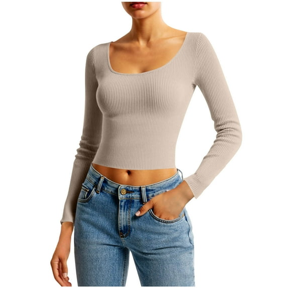Sweaters for Women Pullover Square Neck Long Sleeve Slim Fitted Ribbed Knit Sweater Basic Fashion Tops (L, Khaki)