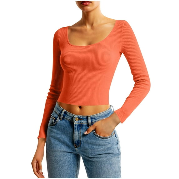 Sweaters for Women Pullover Square Neck Long Sleeve Slim Fitted Ribbed Knit Sweater Basic Fashion Tops (L, Orange)