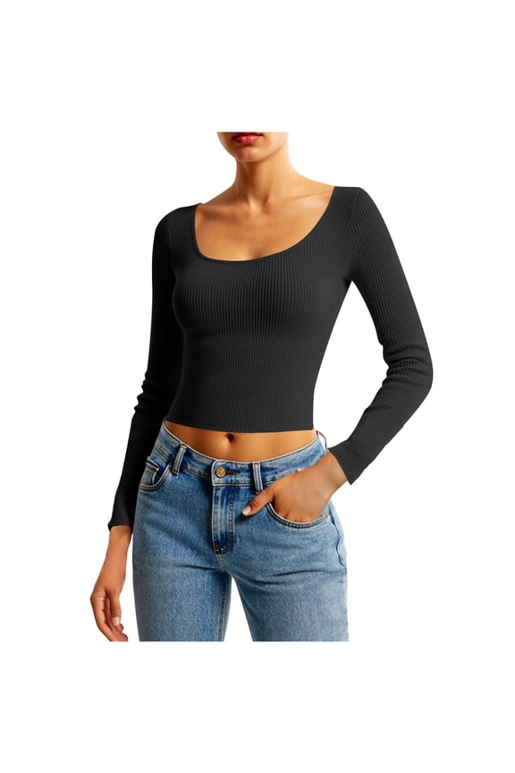 Sweaters for Women Pullover Square Neck Long Sleeve Slim Fitted Ribbed Knit Sweater Basic Fashion Tops (S, Black)