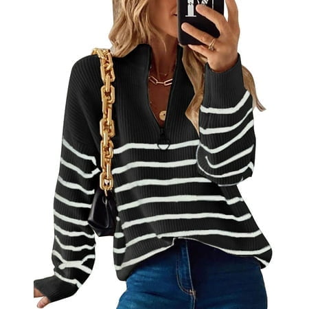 Sweaters for Women Quarter Zip Striped Sweaters Knitted Warm Pullover Sweaters Shermie
