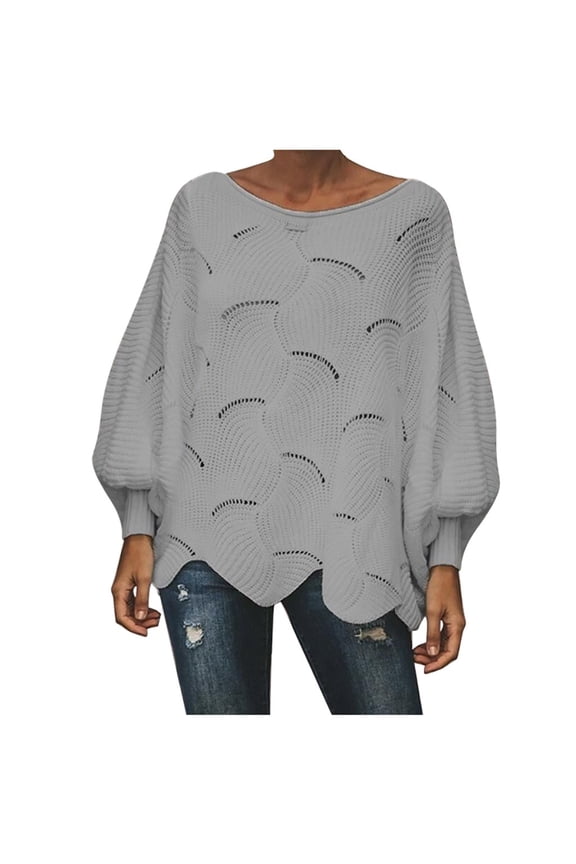 Sweaters for Women Round Neck Long Sleeve Casual Hollow Hook Flower Loose Knitted Bat Sweater