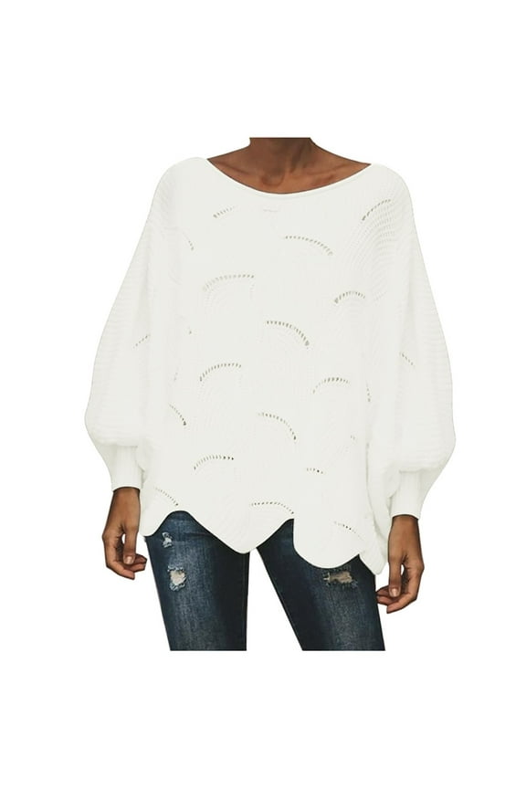 Sweaters for Women Round Neck Long Sleeve Casual Hollow Hook Flower Loose Knitted Bat Sweater