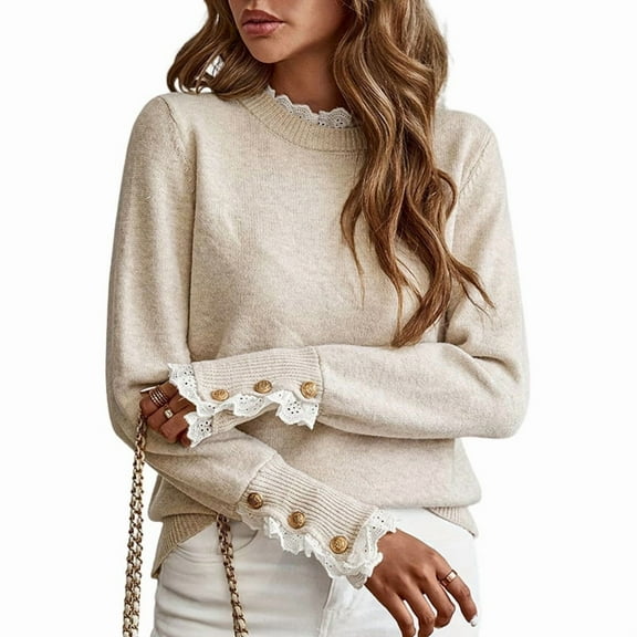 Sweaters for Women Ruffle Mock Neck Long Sleeve Button Knit Pullover Pullovers S