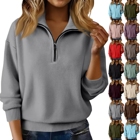 Sweaters for Women Soft Warm Quarter Zip Sweater Casual Loose Long Sleeve Pullover Tops Fall Winter Clothing Coffee 2XL