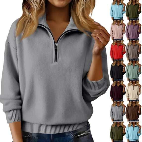 Sweaters for Women Soft Warm Quarter Zip Sweater Casual Loose Long Sleeve Pullover Tops Fall Winter Clothing Pink S
