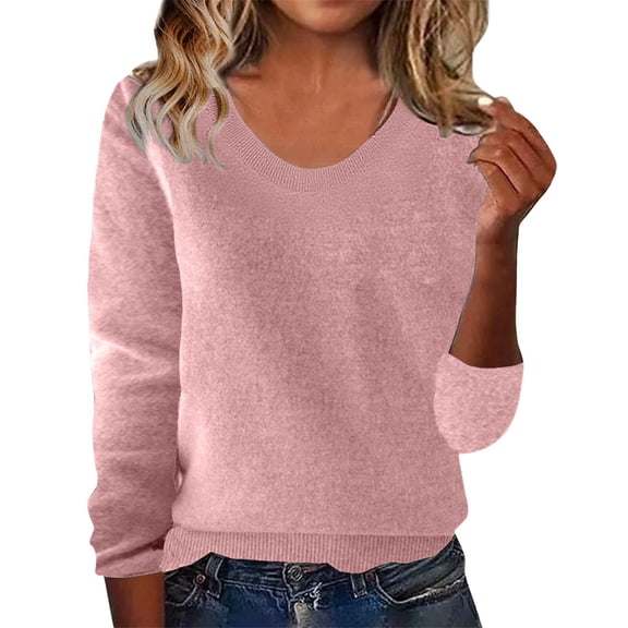 Sweaters for Women Solid Color Crewneck Long Sleeve Lightweight Basic Warm Winter Ladies Knitted Sweater Pink XL