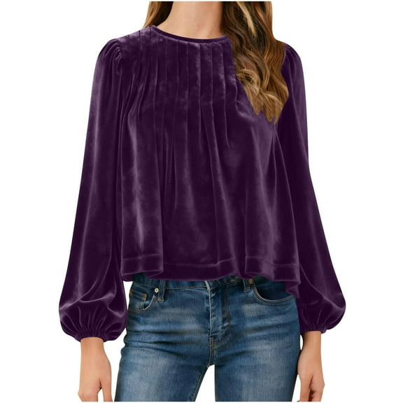 Sweaters for Women Solid Color Long-sleeved Round Neck Loose Casual Top With Pleats At The Chest Casual Tops Trendy Blouses Cute Work Outfits Clothes