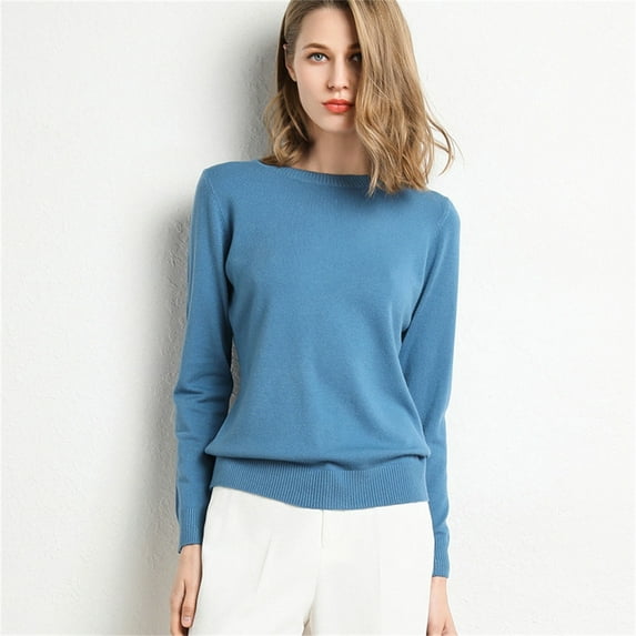 Sweaters for Women Solid Color Round Neck Basic Fine-Knit Sweater Fall Fashion 2023 Light Blue