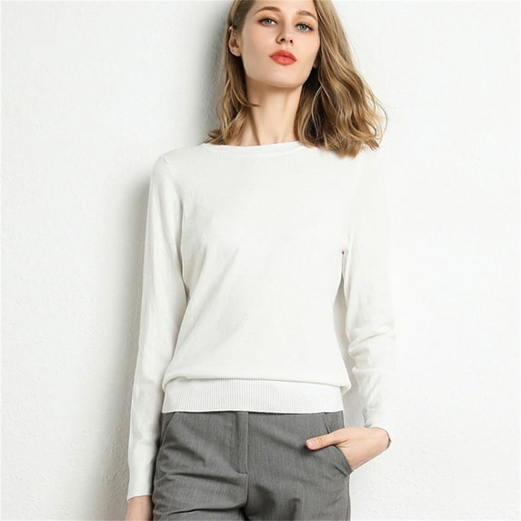Sweaters for Women Solid Color Round Neck Basic Fine-Knit Sweater Fall Fashion 2023 White