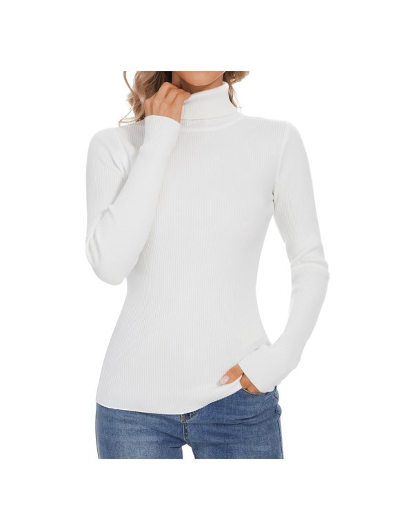 Sweaters for Women Solid Color Turtleneck Long Sleeve Loose Knit Base Layer Thick Warm Insulated Fall Winter Essential Top White XL