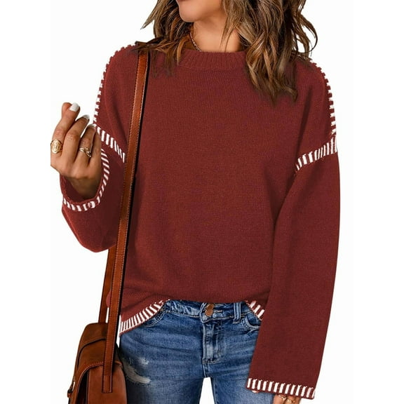 Sweaters for Women Solid Crewneck Loose Fit Long Sleeve Contrast Cable Knit Pullover Sweater Jumper Tops Brick Red M