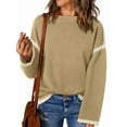 thumbnail image 1 of Sweaters for Women Solid Crewneck Loose Fit Long Sleeve Contrast Cable Knit Pullover Sweater Jumper Tops Khaki M, 1 of 7