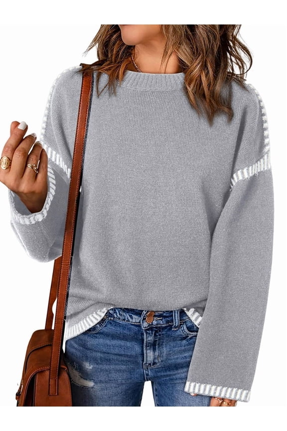 Sweaters for Women Solid Crewneck Loose Fit Long Sleeve Contrast Cable Knit Pullover Sweater Jumper Tops Light Gray L