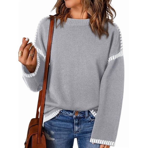 Sweaters for Women Solid Crewneck Loose Fit Long Sleeve Contrast Cable Knit Pullover Sweater Jumper Tops Light Gray M