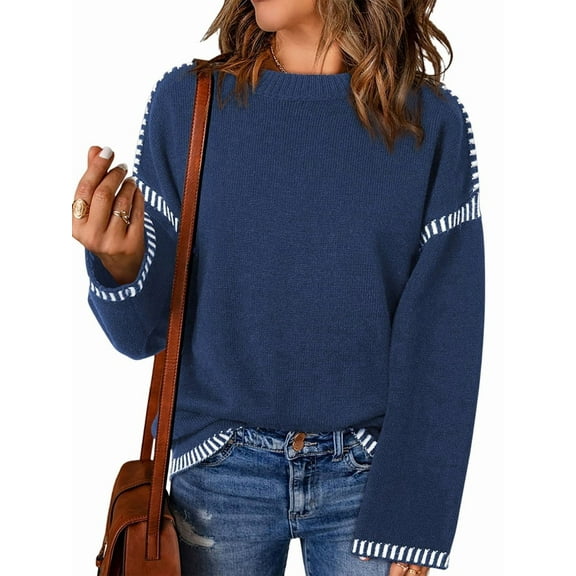 Sweaters for Women Solid Crewneck Loose Fit Long Sleeve Contrast Cable Knit Pullover Sweater Jumper Tops Navy Blue L