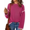 thumbnail image 1 of Sweaters for Women Solid Crewneck Loose Fit Long Sleeve Contrast Cable Knit Pullover Sweater Jumper Tops Rose Red M, 1 of 6