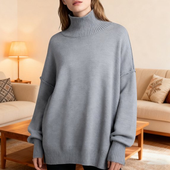 Sweaters for Women Solid Turtle Neck Loose Cable Knit Pullover Sweater Jumper Tops (Grey L)