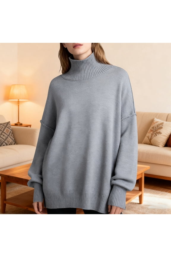 Sweaters for Women Solid Turtle Neck Loose Cable Knit Pullover Sweater Jumper Tops (Grey M)