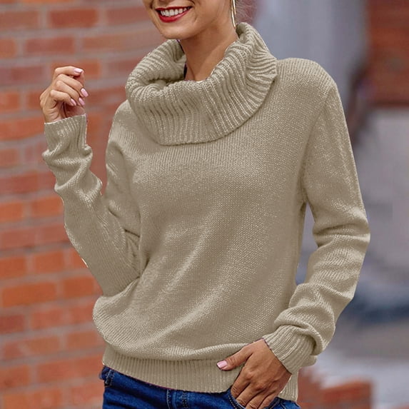 Sweaters for Women Solid Turtleneck Knitted Sweater Pullover Top Blouse Fall Fashion 2023 Khaki
