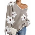 thumbnail image 1 of Sweaters for Women Spring Fall Color Block Ribbed Ruffle V Neck Loose Fit Pullover Knit Y2k Cute Sweater Tops Brown XL, 1 of 6
