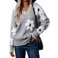 thumbnail image 1 of Sweaters for Women Spring Fall Color Block Ribbed Ruffle V Neck Loose Fit Pullover Knit Y2k Cute Sweater Tops Grey S, 1 of 8