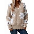 thumbnail image 1 of Sweaters for Women Spring Fall Color Block Ribbed Ruffle V Neck Loose Fit Pullover Knit Y2k Cute Sweater Tops Khaki L, 1 of 9