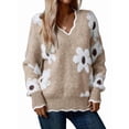 thumbnail image 1 of Sweaters for Women Spring Fall Color Block Ribbed Ruffle V Neck Loose Fit Pullover Knit Y2k Cute Sweater Tops Khaki M, 1 of 9