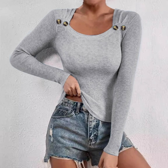 Sweaters for Women Square Neck Long Sleeve Shirts Knit Pullover Sweater Tops Fashion Fall Outfits Gray L