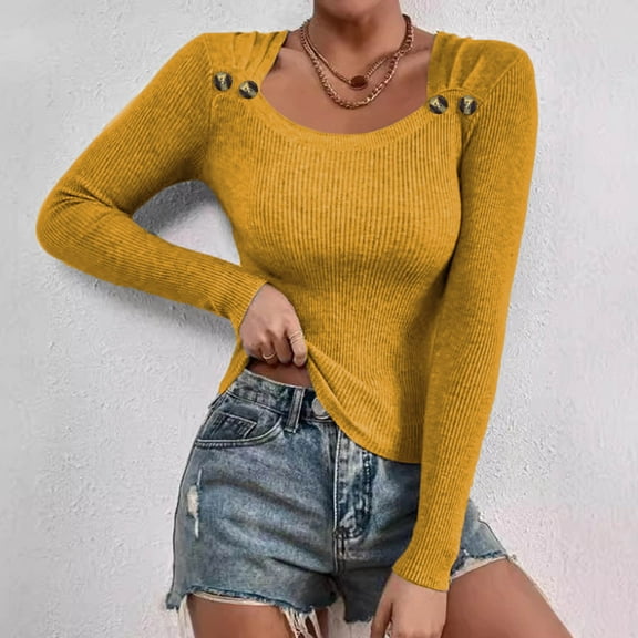 Sweaters for Women Square Neck Long Sleeve Shirts Knit Pullover Sweater Tops Fashion Fall Outfits Yellow XL