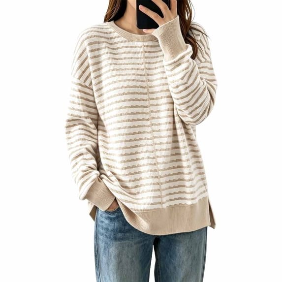 Sweaters for Women Stripe Side Slit Casual Loose Long Sleeve Tops Fall Winter Pullover Knit Blouse Daily Wear