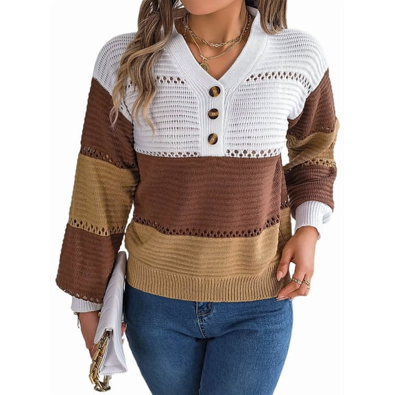 Sweaters for Women Striped Cutout Hollow Out Zip Neck Long Sleeve Loose Knit Knitted Fall Sweater Winter Coffee Color M