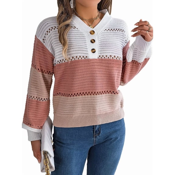 Sweaters for Women Striped Cutout Hollow Out Zip Neck Long Sleeve Loose Knit Knitted Fall Sweater Winter Pink S