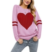Sweaters for Women Striped Heart Sweater Valentine's Day Long Sleeve Crewneck Knitted Sweaters Winter Alsol Lamesa