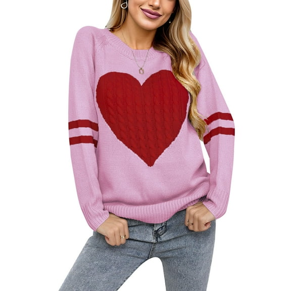 Sweaters for Women Striped Heart Sweater Valentine's Day Long Sleeve Crewneck Knitted Sweaters Winter Alsol Lamesa