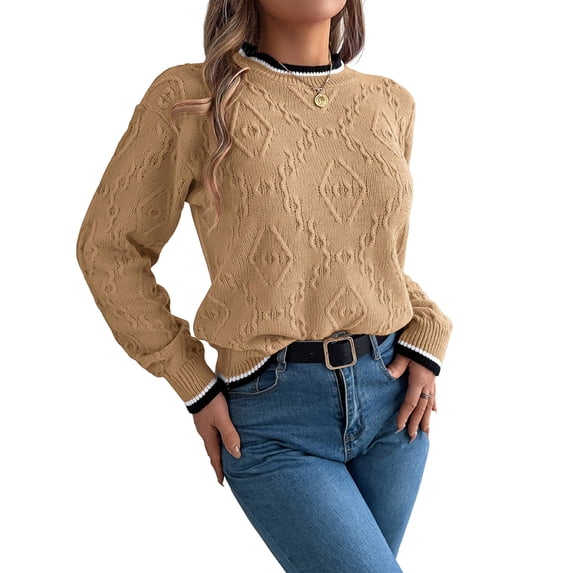 Sweaters for Women Striped Trim Drop Shoulder Sweater Sweaters Khaki M