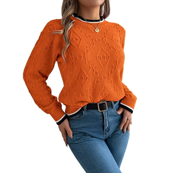 Sweaters for Women Striped Trim Drop Shoulder Sweater Sweaters Orange Color M