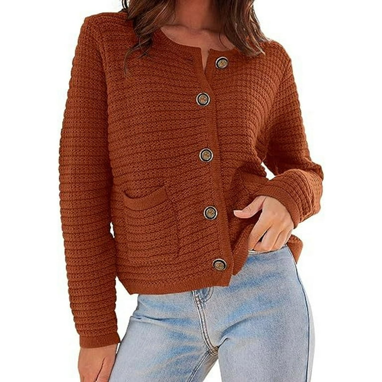 Sweaters for Women Summer Weight Sweaters Aesthetic Sweater Sweater Knit Long Sleeve Solid Color Cardigan Casual Round Neck Coffee Walmart