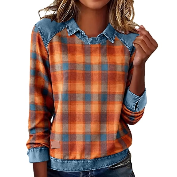 Sweaters for Women Sweatshirts Patchwork Denim Pullovers Long Sleeve Splicing Tshirts Blouses Fall Cardigan Womens Clothes