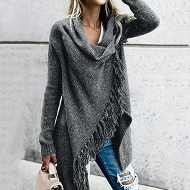 Sweaters for Women Tassel Hem Sweater Long Cardigan Knitwear Pullover Poncho Coat Winter Fall Clothes 2023 Black