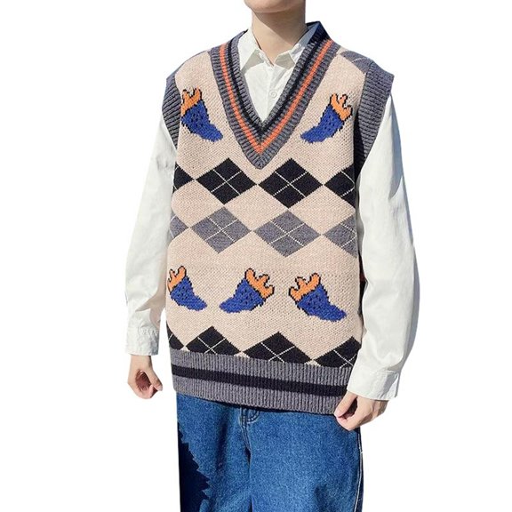 Sweaters for Women Trendy Argyle Print Sleeveless V Neck Knit Vest Loose Japanese Style Daily Sweater Outerwear