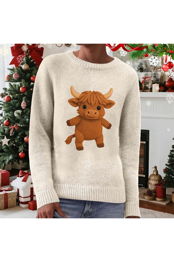 Sweaters for Women Trendy Cartoon Print Crew Neck Long Sleeve Loose Knit Sweater Soft Skin Friendly Christmas Casual Pullover Top Beige XXL
