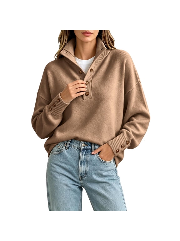 Sweaters for Women Trendy Collared Henley Neck Long Sleeve Button Detail Loose Pullover Sweater Warm Casual Everyday Wear