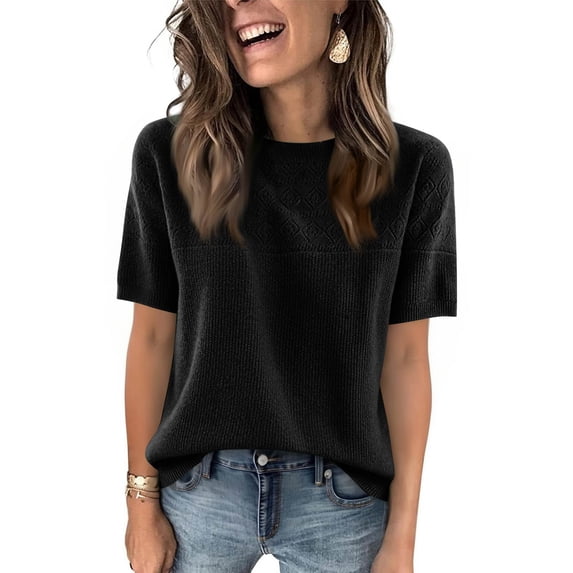 Sweaters for Women Trendy Crew Neck Knit Short Sleeve Spring Tops Summer Loose Fit Lightweight Casual Blouse