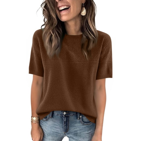 Sweaters for Women Trendy Crew Neck Knit Short Sleeve Spring Tops Summer Loose Fit Lightweight Casual Blouse