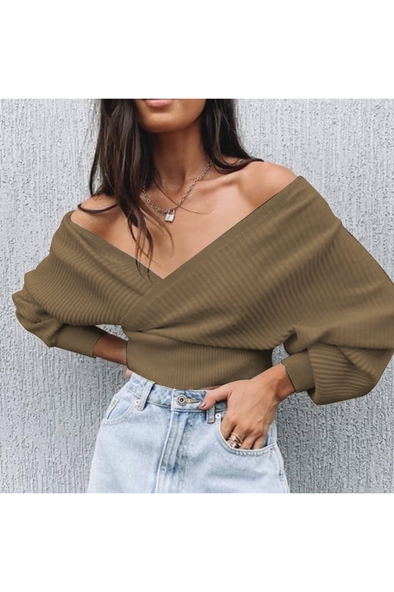 Sweaters for Women Trendy Cross V Neck Backless Long Batwing-Sleeve Pullover Cropped Tops Ladies Casual Solid Warm Knitted Sweater